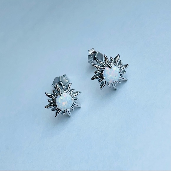 Sterling Silver White Lab Opal Blazing Sun Earrings, Silver Stud Earring, - Picture 5 of 10